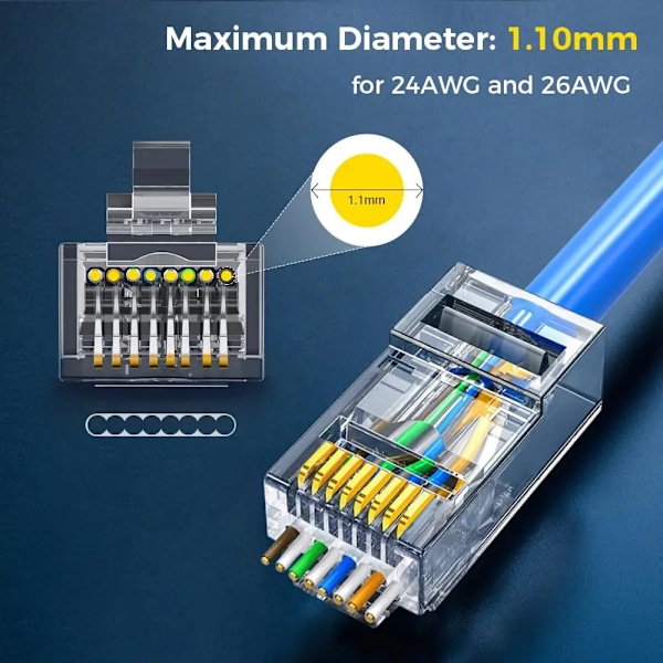 50 kpl RJ45 liittimet Cat5e Cat6 läpi EZ puristus Modulaarinen liitin kiinteälle säikeiselle verkko kaapelille