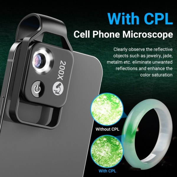 200X Förstoring Mikroskop Lens med CPL Mobil LED Light Micro Pocket Macro Lenses