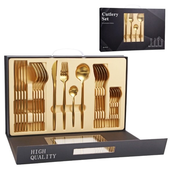 Rostfritt stål serviser set svart guld bestick sked gaffel kniv western cutleri silver serviser set