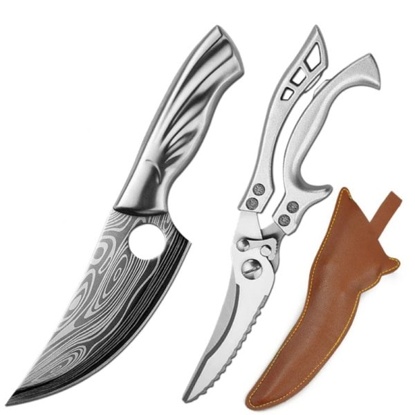 Mönster Rostfritt Stål Utbening Kniv Slaktare Kniv Kött Klyver Utomhus Jakt Kniv Kök Sax