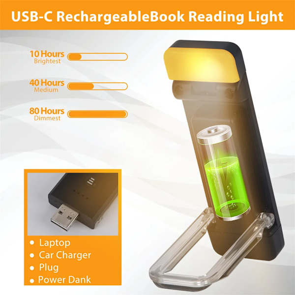 Clip-on Bokmerke Bok Lys Med Timer USB Oppladbart Lese Lys