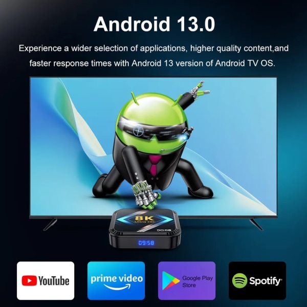 Smart TV Box Android 13 Quad Core Cortex A53 Support 8K Video 4K HDR10 Dual Wifi BT Google Voice
