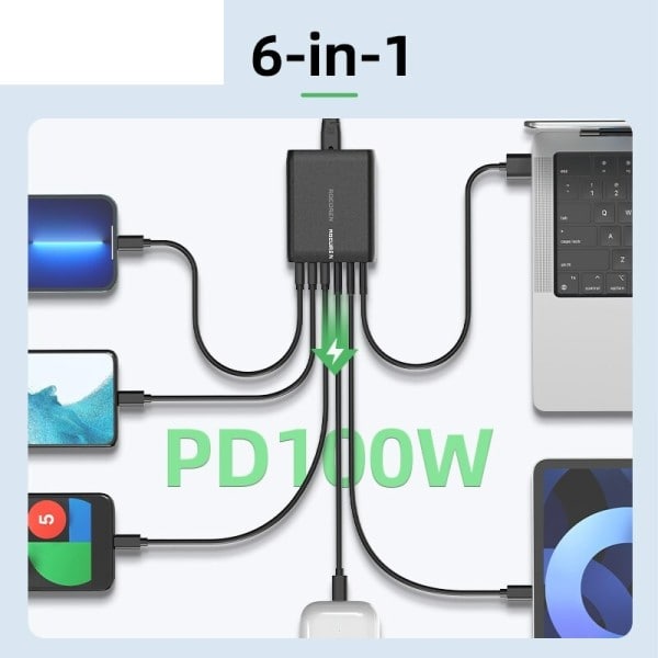 USB Laddare Typ C PD Snabb Laddning Flera 6 portar Skrivbordsladdare