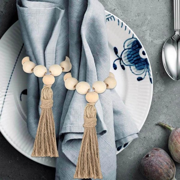 Trä pärla servett ringar servett hållare med tofsar handvävda boho spännen