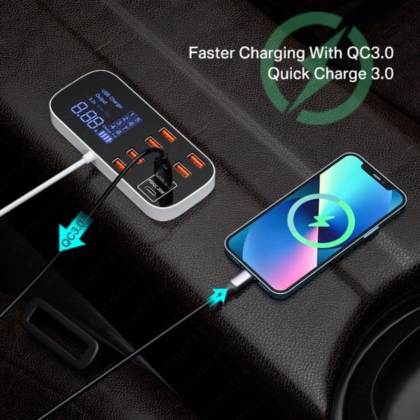 8 porte USB bil oplader QC3.0 PD hurtig opladning telefon oplader 40W 8A multi USB stik med LED display