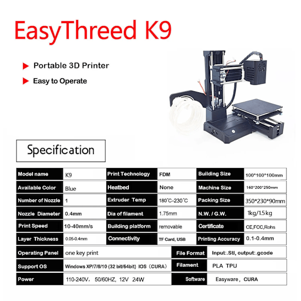 K9 Mini 3D Skriver Enkel å bruke Entry Level  Gave 3D Printer FDM TPU PLA Filament 1,75mm Sort