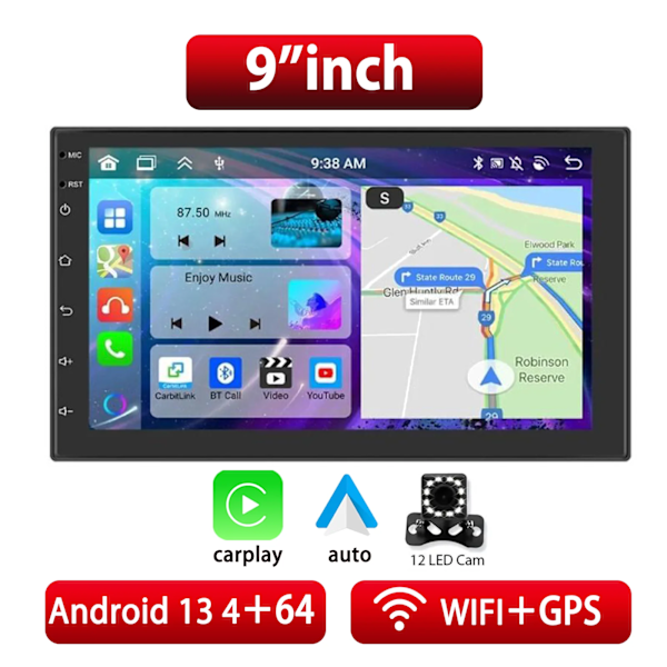 Wireless Carplay Android Auto 2 Din 9" GPS Navigator MP5 Player