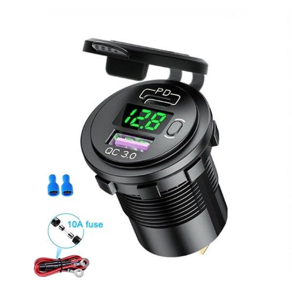48W USB Type C Bil Usb lader Socket,12V/24V Dobbel USB Uttak PD3.0&QC3.0 Bil Socket med LED Voltmeter