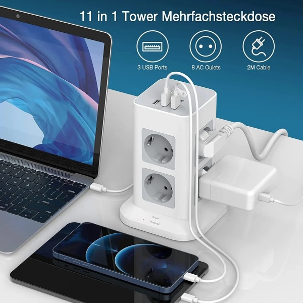 Tower Power Strip Multi Uttag med USB, 2M Förlängningskabel EU kontakt Vertikal Elektrisk Socket Överspänningsskydd för hem