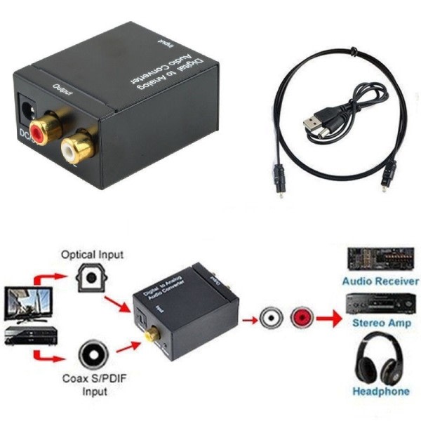 Digital Optisk Toslink SPDIF Coax To Analog RCA Audio Converter Adapter