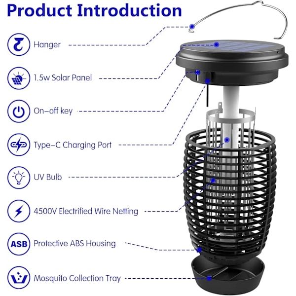Solar Bug Zapper 2-in-1 Mosquito Killer Lamp Indoor 4500V Fly Zapper