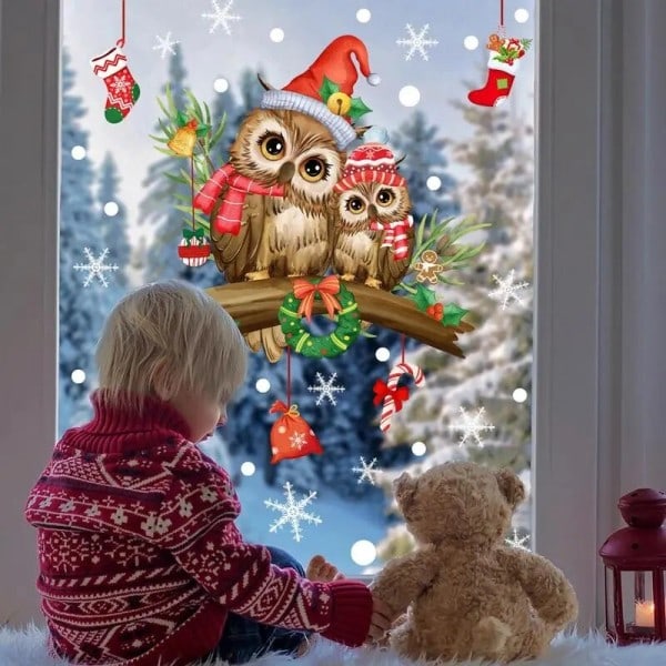 Jul Ugle Vindue Klistermærker Selv klæbende Gren Ugle Væg Decals Jule Søde Ugle Glas Klynger
