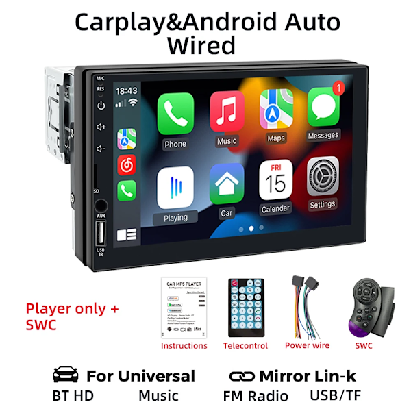 Carplay Android Auto 1 Din 7 Inch Bil Radio Multimedia Player HD Touch Skärm