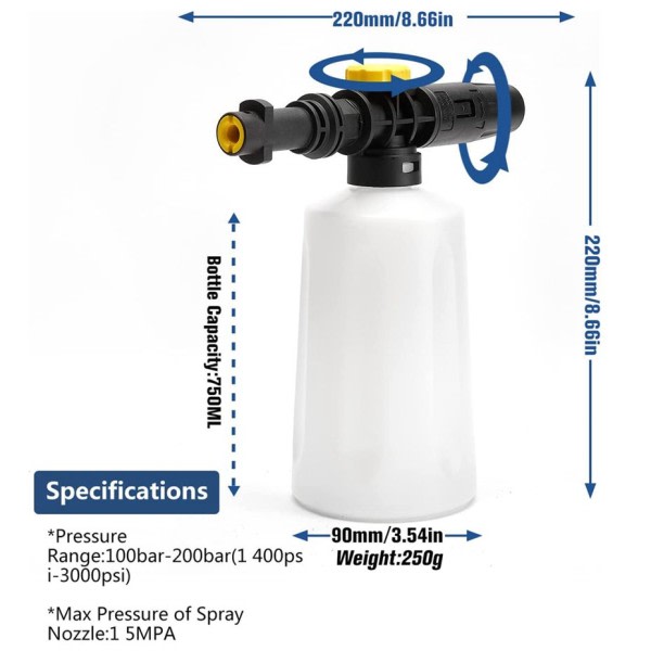 Sne skum kanon til Karcher bilvask K-serien Justerbar dyse kompatibel med Karcher K2/K3/K4/K5/K6/K7 Tryk vasker