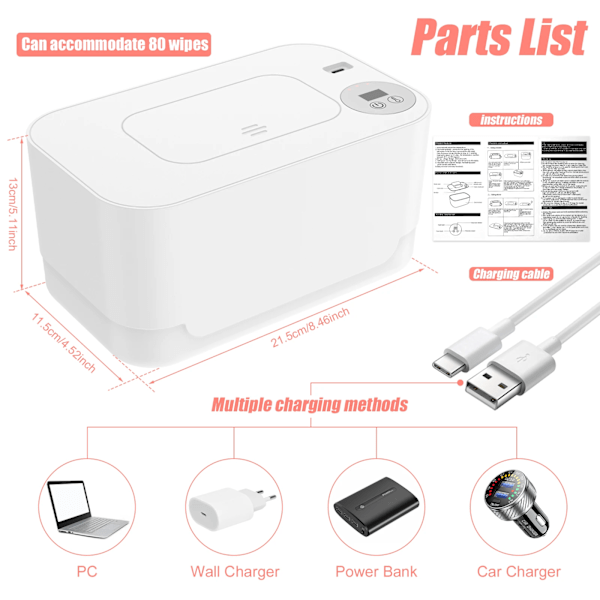 Baby Wipe Warmer med LED Light USB Powered Portable Wipe Heater 40-55°C Justerable Baby Wipe Warmer