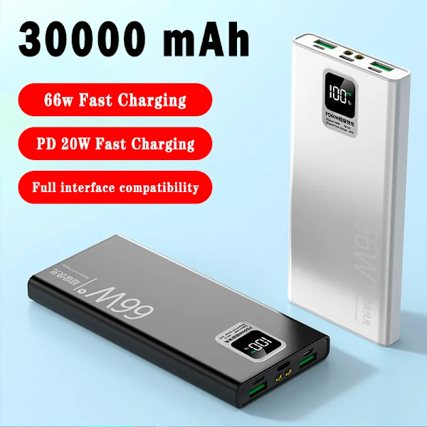 30000mAh Digital Display Power Bank 66W Super Rask Lading