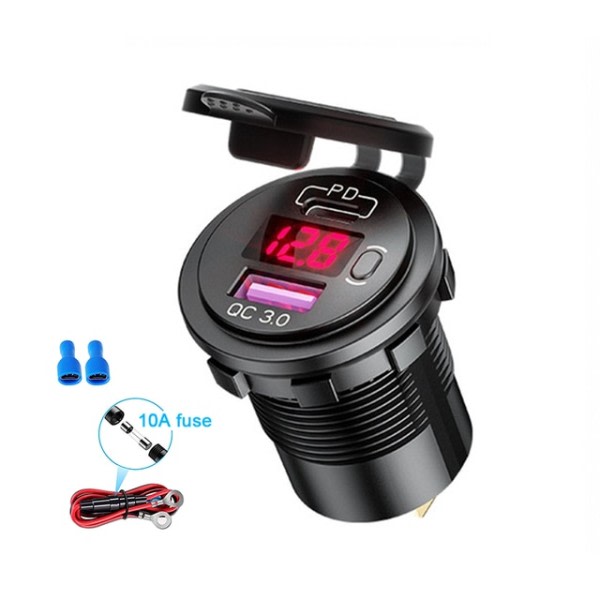 48W USB Type C Bil Usb lader Socket,12V/24V Dobbel USB Uttak PD3.0&QC3.0 Bil Socket med LED Voltmeter