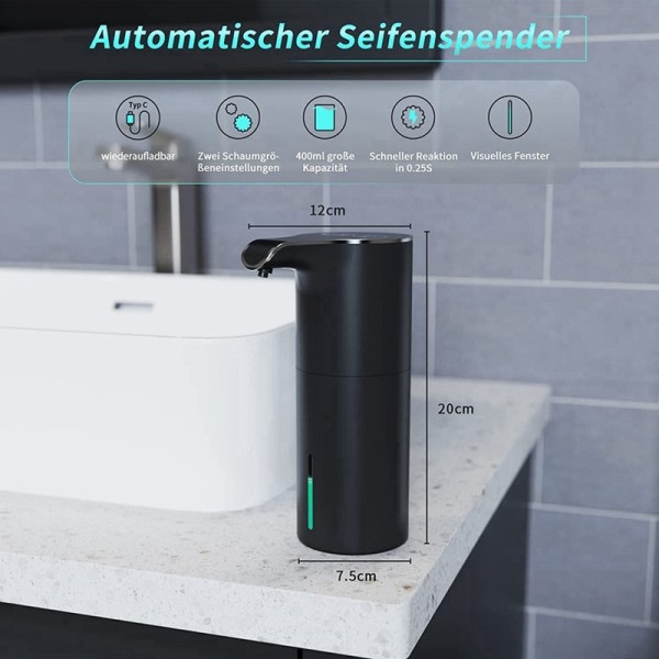 Automatisk Sæbe Dispenser Sort,  Skum Sæbe Dispenser Genopladelig Ikke-kontakt Automatisk Sæbe Dispenser