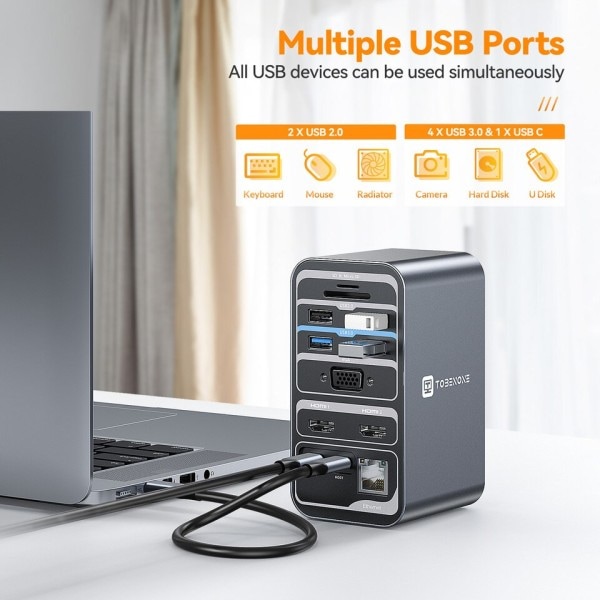 Dockning station 4K/60Hz Dual Monitor Display Med 2 HDMI VGA RJ45 USB C Splitter Hub