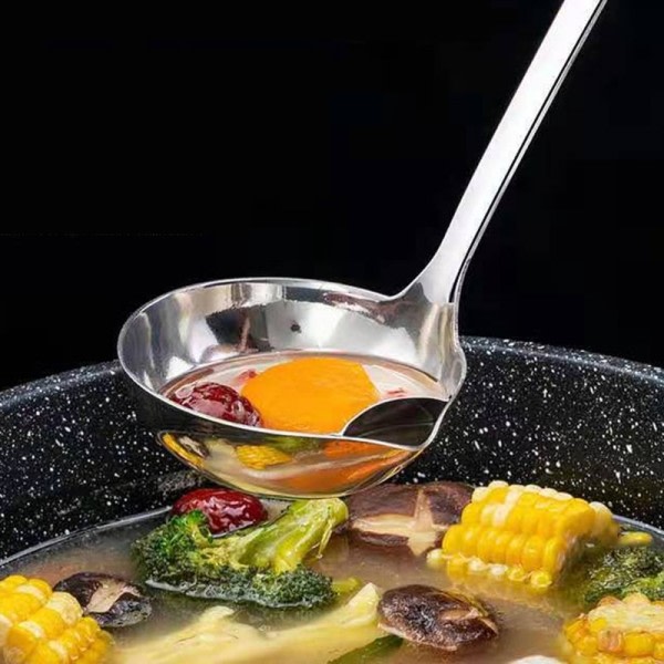 Rustfrit stål dørslag ske suppe kolander køkken suppe sovs olie suppe fedt separator øser skimmer ske