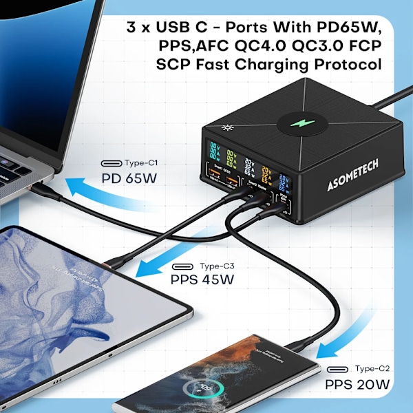 160W 5 porter USB lader Staion 15W Trådløs lading