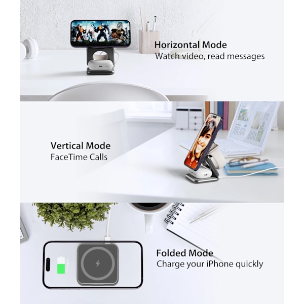 3 i 1 vikbar magnetisk trådlös laddare ställ för iPhone 15 14 13 12 Pro/Max/Plus, AirPods 3/2/Pro, iWatch laddning