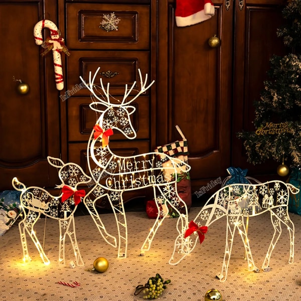 Legering Kunst Elg Hjort Jul Hage Dekor & LED Lys Glødende Glitter Reinsdyr Xmas