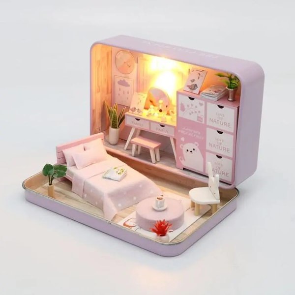 Mini docka hus prefabricerad miniatyr gör-det-själv docka kit möbler fodral leksaker
