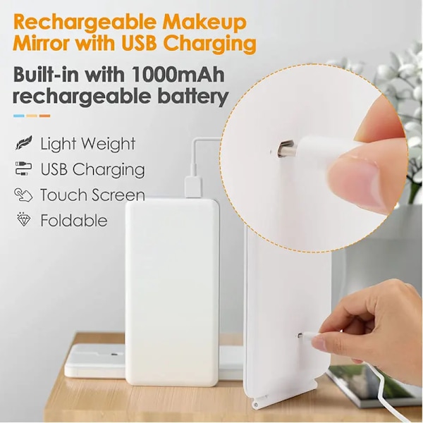 Bærbar Vanity Lampe Sammenleggbar Kosmetisk Speil Oplyste Berøringsskjerm Sminke Speil Med LED Lampe Usb Oppladbar Fleggbar Design