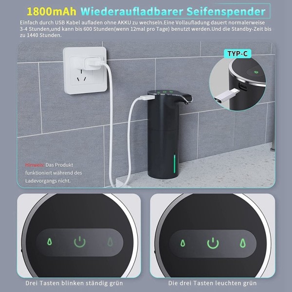 Automatisk Sæbe Dispenser Sort,  Skum Sæbe Dispenser Genopladelig Ikke-kontakt Automatisk Sæbe Dispenser