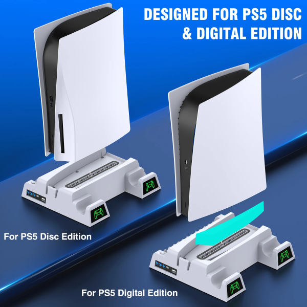 Vertikal kjøling stativ for PS5 kontroller lader med LED vifte for SONY Playstation 5 Digital / PS5 Disc Edition Console