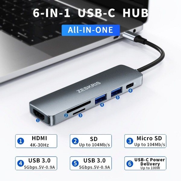 USB C Hub med 2 USB 3.0 SD/TF/Micro SD Card Reader 4K HDMI 100W