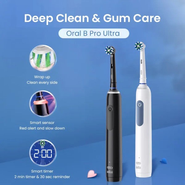 Oral B Pro Ultra Sähköinen hammasharja Pro 4 paine anturi 48,800 Iskut/min 2 Min Ajastin 30s Muistutus 4 tilaa 3 harja päät