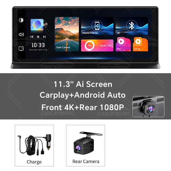 11,3" Dash Cam 4K 2160P Bil DVR Opptak Carplay & Android Auto Trådløs Tilkobling 5G WiFi GPS Navigasjon Dashboard Dobbelt Lens Med 128G  TF kort