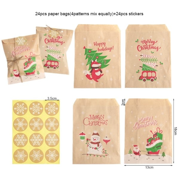 24Set Jul Kraft Papper påsar Jultomte Snögubbe Räv Semester Xmas Fest Fynd påse godis kaka påse