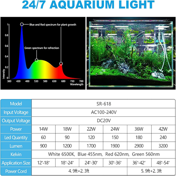 60 cm Auto På Av Akvarium LED Ljus med Timer Full Spectrum Fisk Tank Ljus för Vatten Växter Acquariam