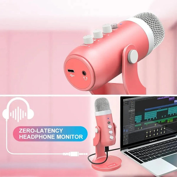 USB Kondensator Mikrofon Rosa Studio Inspelning Mik för PC Mac Dator Telefon Spel Streaming Podcasting