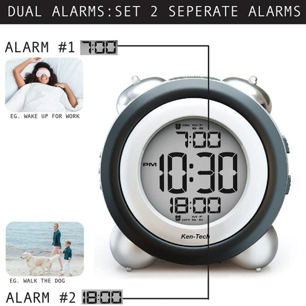 Digital Alarm Klocka Tid Datum Display Tvilling Klocka Mycket Högt för Tunga Sovare Dubbelt Alarm