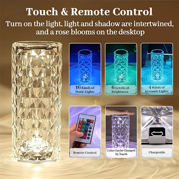 LED Krystal Bord Lampe Rose Lys Projektor 3/16 Farver Touch Nat Lys Romantisk Diamant Atmosfære Lys USB Home Bar Dekor