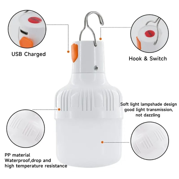 Ulkokäyttöön USB ladattava LED lamppu polttimot korkea kirkkaus hätä valo