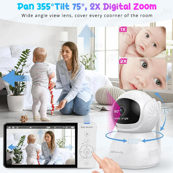 5''IPS Skærm Pan-Tilt-Zoom Kamera Video Baby Monitor med 30-timers batteri 2-Way Talk Nat Vision