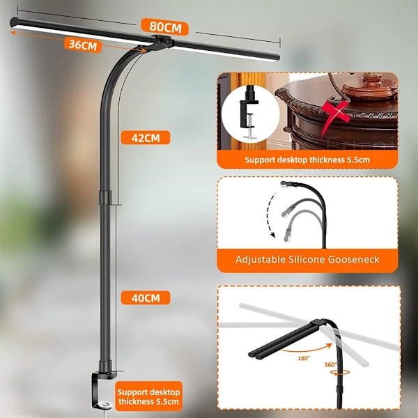 Dubbel huvud LED klämma fjärrkontroll skrivbord lampa arkitekt bord lampa för hem kontor belysning 5 färg lägen och 5 dimbar