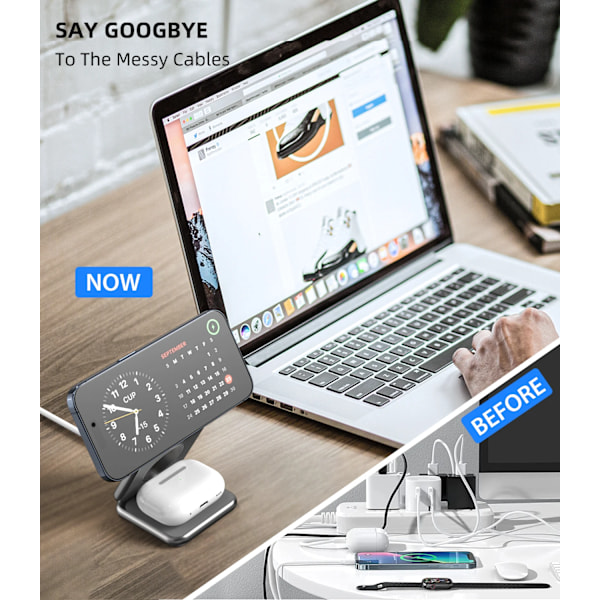 3 i 1 vikbar magnetisk trådlös laddare ställ för iPhone 15 14 13 12 Pro/Max/Plus, AirPods 3/2/Pro, iWatch laddning