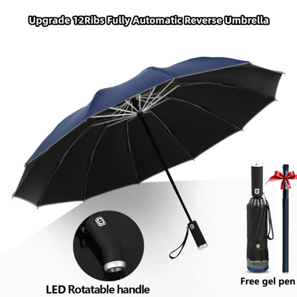 Täysin automaattinen käänteinen taittuva sateenvarjo LED taskulamppu tuulenpitävä UV sateenvarjot