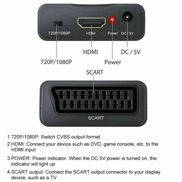1080P SCART til HDMI omformer video lyd adapter oppskalere AV signal HD mottaker TV DVD
