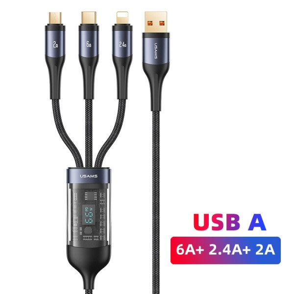 USAMS U83 66W 3 In 1 Digital Display Cable PD QC Rask Lading USB Type C kabel For iPhone 14 13 12 Pro Max Huawei  Xiaomi Samsung
