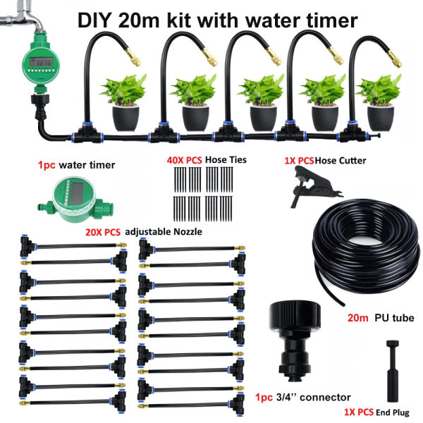 15 meter Universal Forstøvning Sprinkler Automatisk Vandingssæt 5M/10M med 20cm Roterende Kobber Dyse Balkon Regnskov Spray