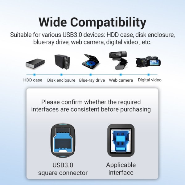 Vention USB C til USB Type B 3.0 Kabel til HDD Etuiet Disk Indkapsling Web Kamera Digital Video Blue ray Drive Type C Square Cord  NY