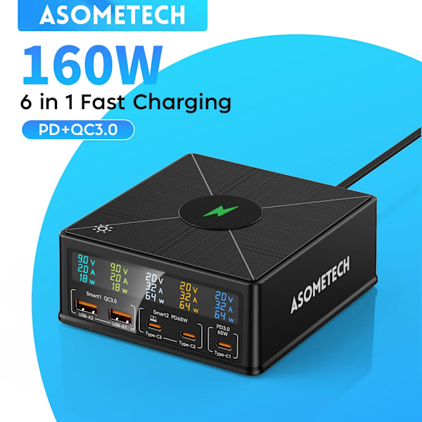 160W 5 porter USB lader Staion 15W Trådløs lading