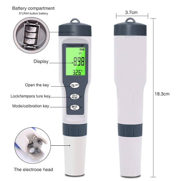 3 IN 1 PH Meter Vatten Kvalitet Tester PH/TDS/TEMP Digital LCD EZ 9901 Monitor Tester För Pooler  Dricksvatten Akvarier